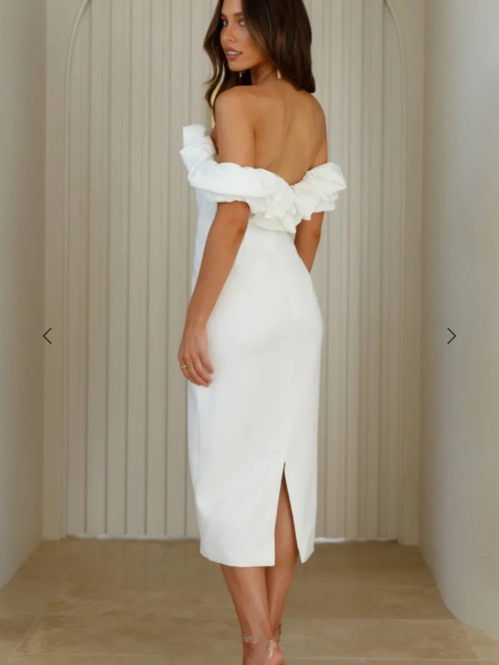 Hello Molly Elegant Off-Shoulder White Midi Dress with Ruffle Detail - Picture 3 of 7